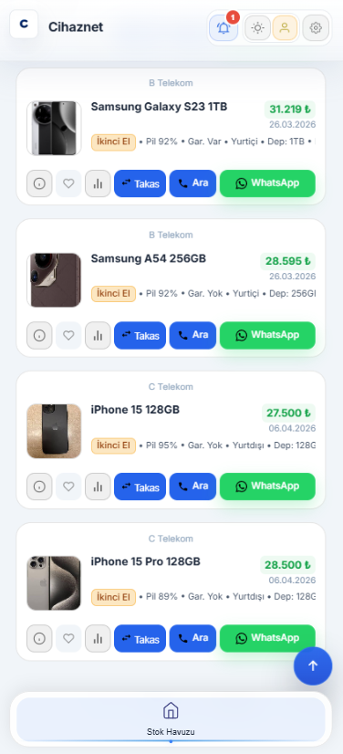 Cihaznet mobil stok havuzu ekran görüntüsü